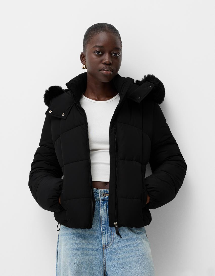 Puffer jacket with faux fur hood product image