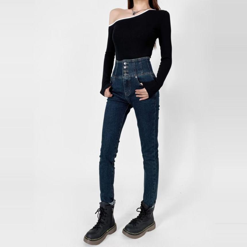 High Waist Plain Slim Leg Jeans Product Image