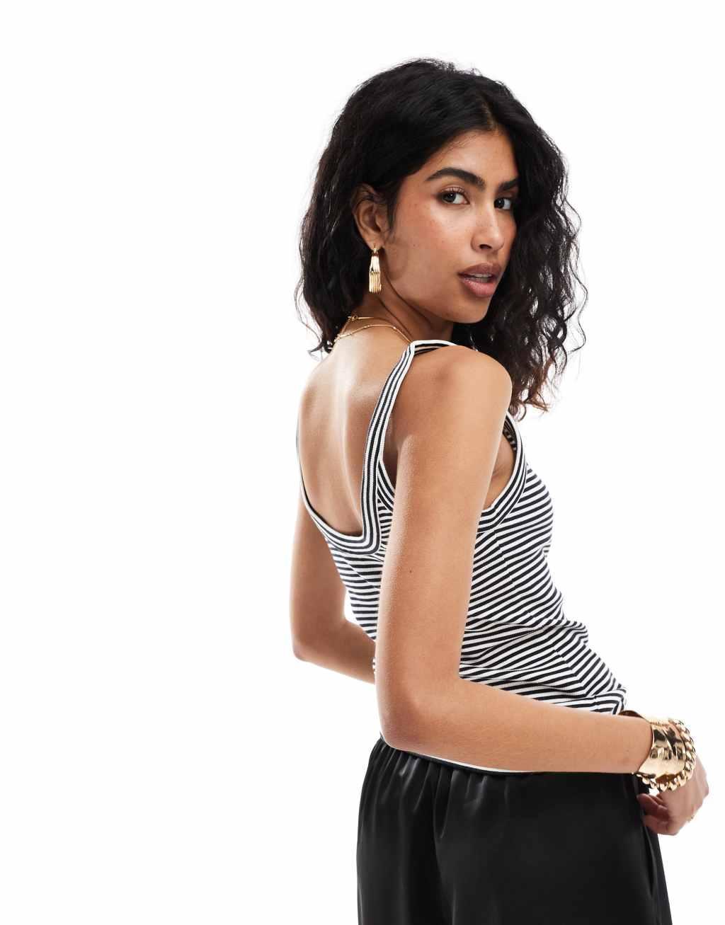 & Other Stories scoop neck mini ribbed tank top in white and black yarn dye stripes Product Image