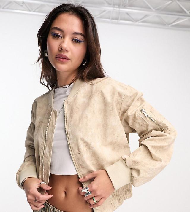 COLLUSION distressed printed bomber jacket in neutral  Product Image