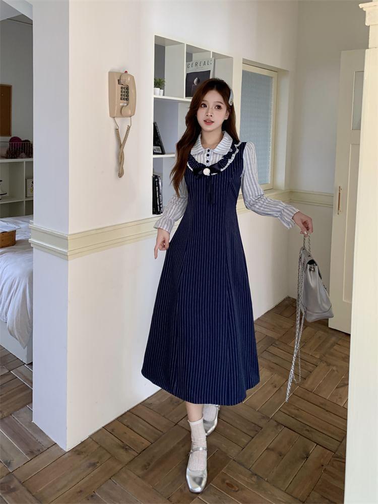 Mock Two-Piece Long-Sleeve Collar Striped Bow Midi A-Line Dress Product Image