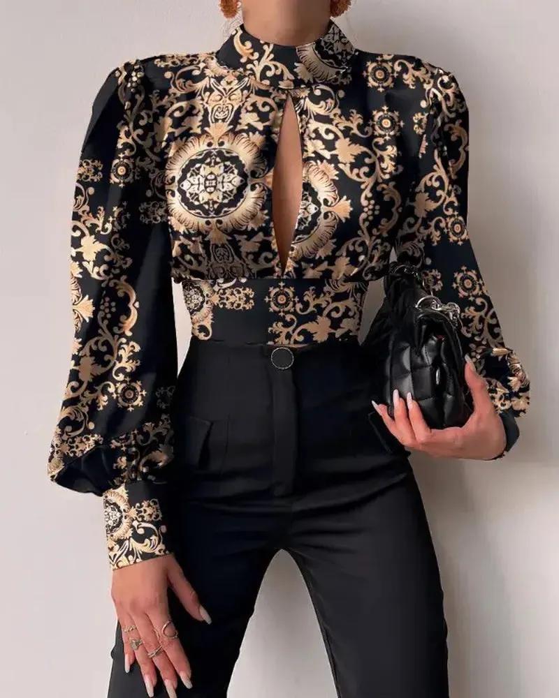 Olivia Mark – Baroque Print Puff Lantern Sleeve Halter Top Product Image