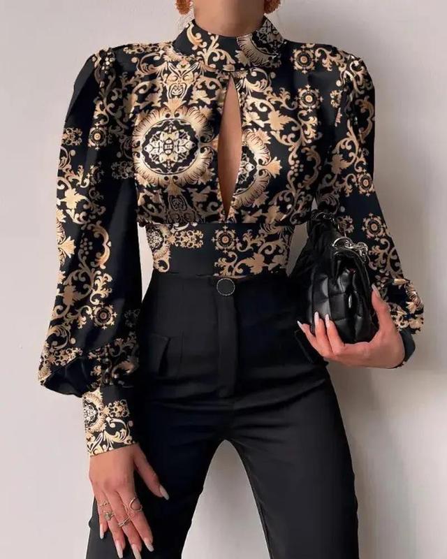 Olivia Mark – Baroque Print Puff Lantern Sleeve Halter Top Product Image