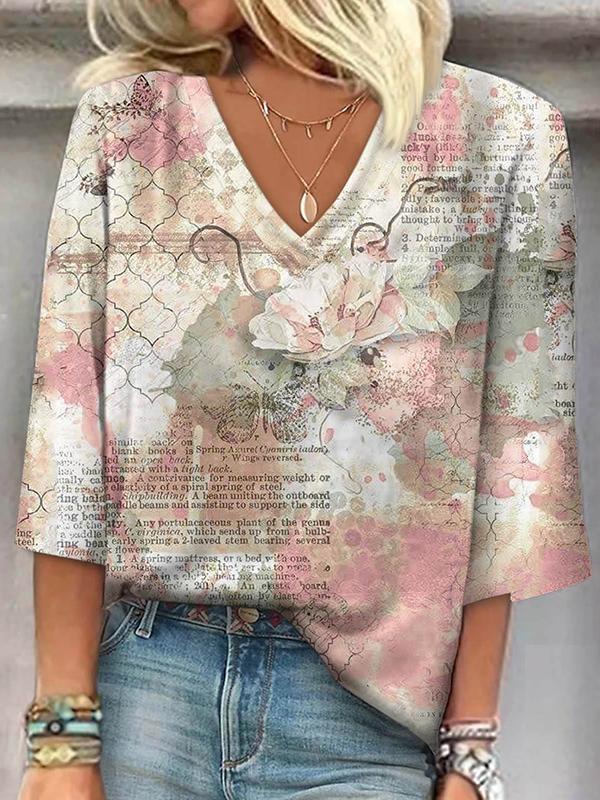 Loose Plus Size Flower Print Letter Print V-Neck T-Shirts Tops Product Image