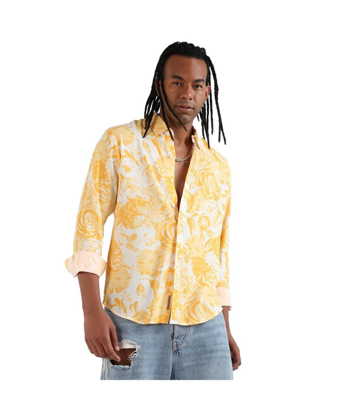 Campus Sutra Mens EcoLiva Yellow Contrast Botanical Shirt Product Image