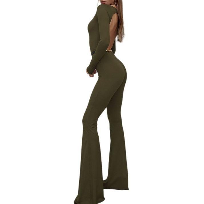 Long-Sleeve Boat Neck Plain Open Back Flared Jumpsuit Product Image