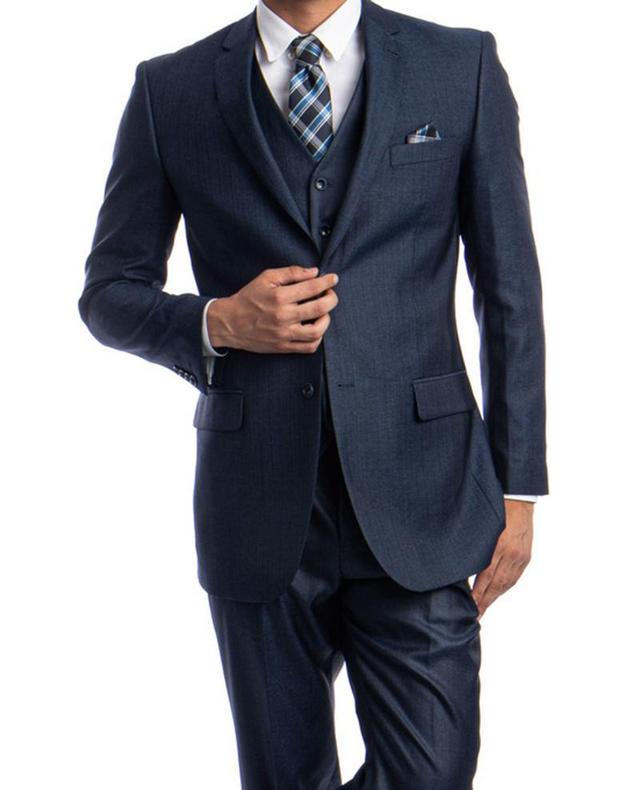 Navy Blue 3 Piece Modern Fit Suit 2 Button V-Neck Vest Product Image