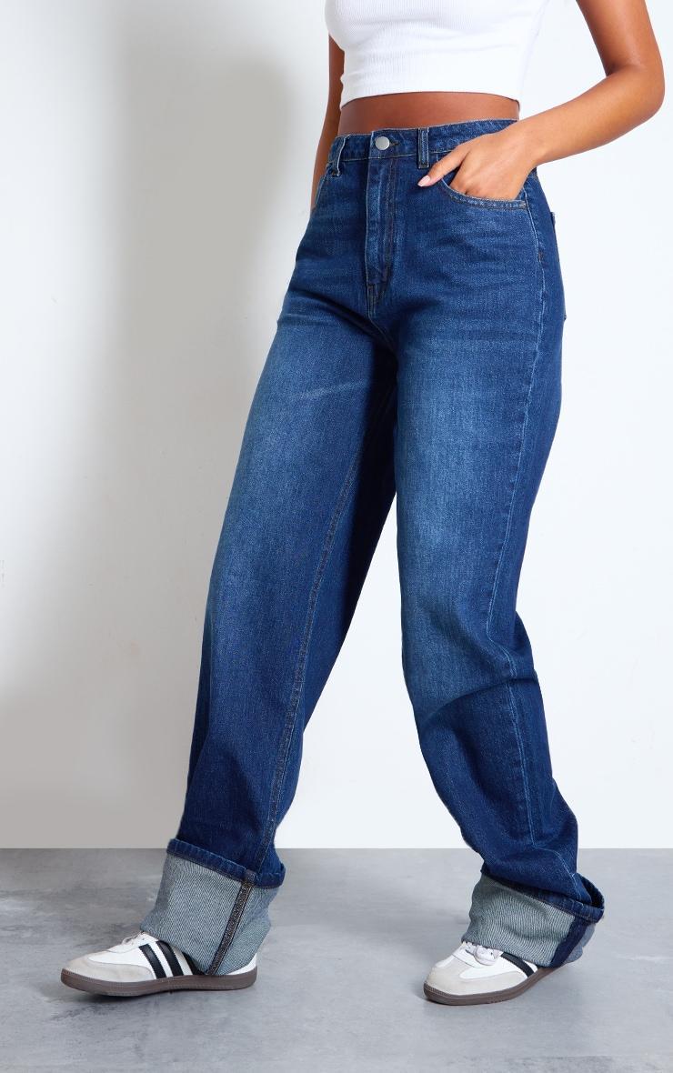 Tall Dark Indigo Mid Rise Distressed Turn Up Hem Jeans Product Image