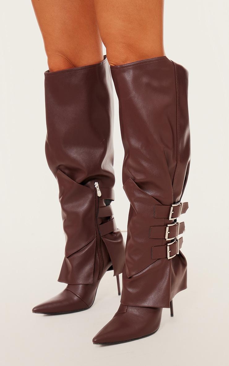 Chocolate PU Buckle Detail High Stiletto Heel Knee High Boots Product Image