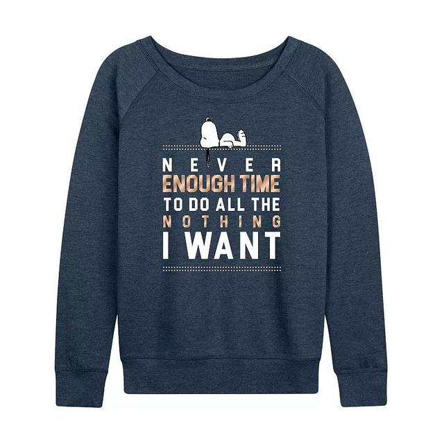 Womens Peanuts Snoopy Enough Time Lightweight French Terry Sweatshirt, Girls Grey Indigo Product Image