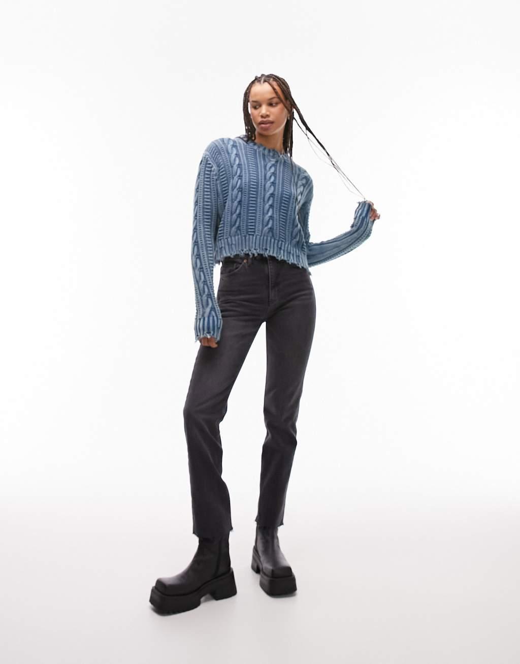 Topshop Tall cropped mid rise with raw hems straight jeans in washed black Product Image