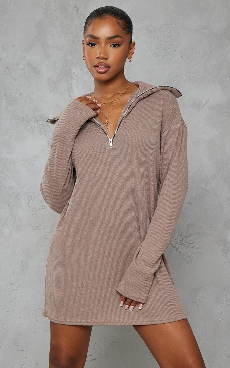 Mocha Rib High Neck Half Zip Oversized Sweater Dress Product Image