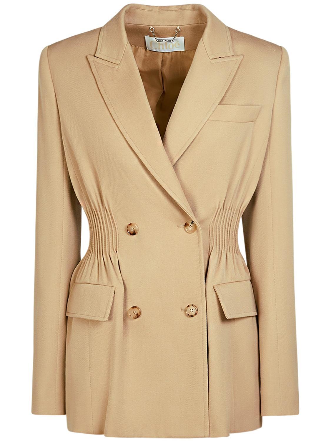 Shirred Double-breasted Wool Gabardine Blazer In Beige Product Image