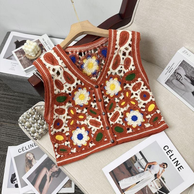 V-Neck Floral Crochet Vest Product Image