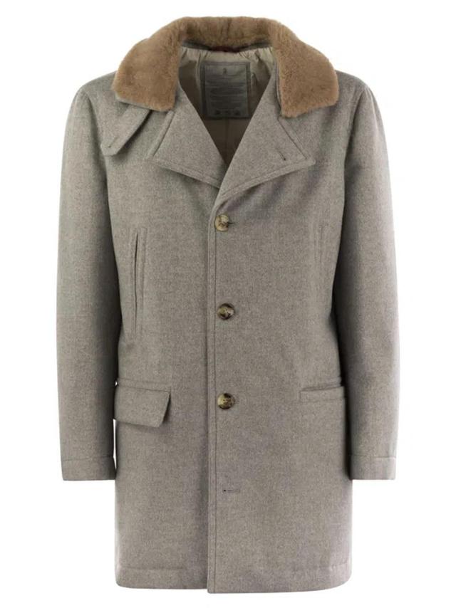 BRUNELLO CUCINELLI Cashmere Coat With Shearling Collar In Grey Product Image