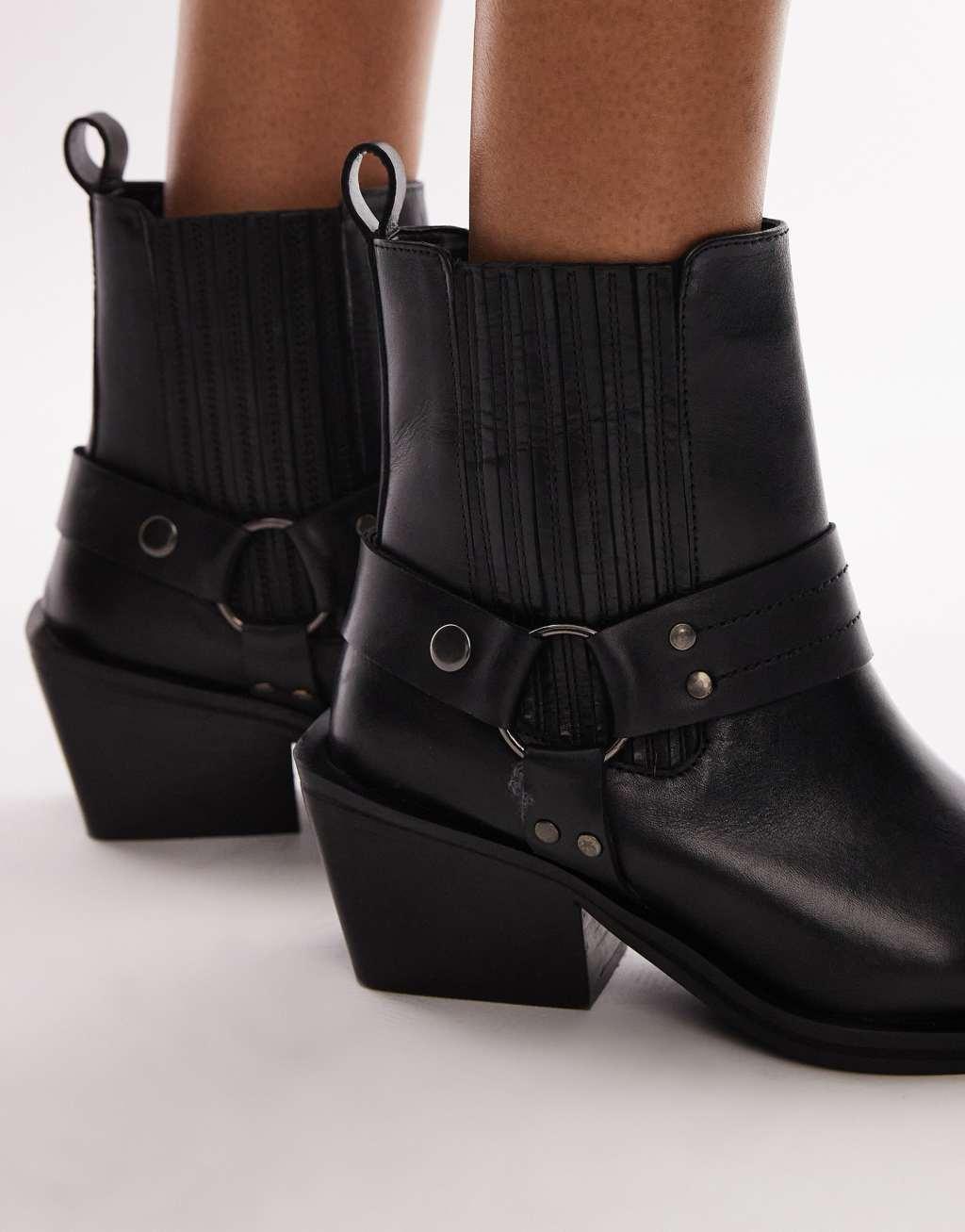 Topshop Wide Fit Maxy leather western boots with harness in black Product Image