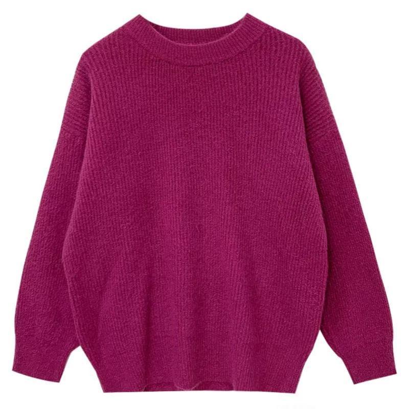 Crew Neck Plain Ribbed Oversized Sweater Product Image