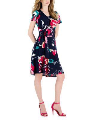 Petite Printed Tied-Side Fit & Flare Dress Product Image