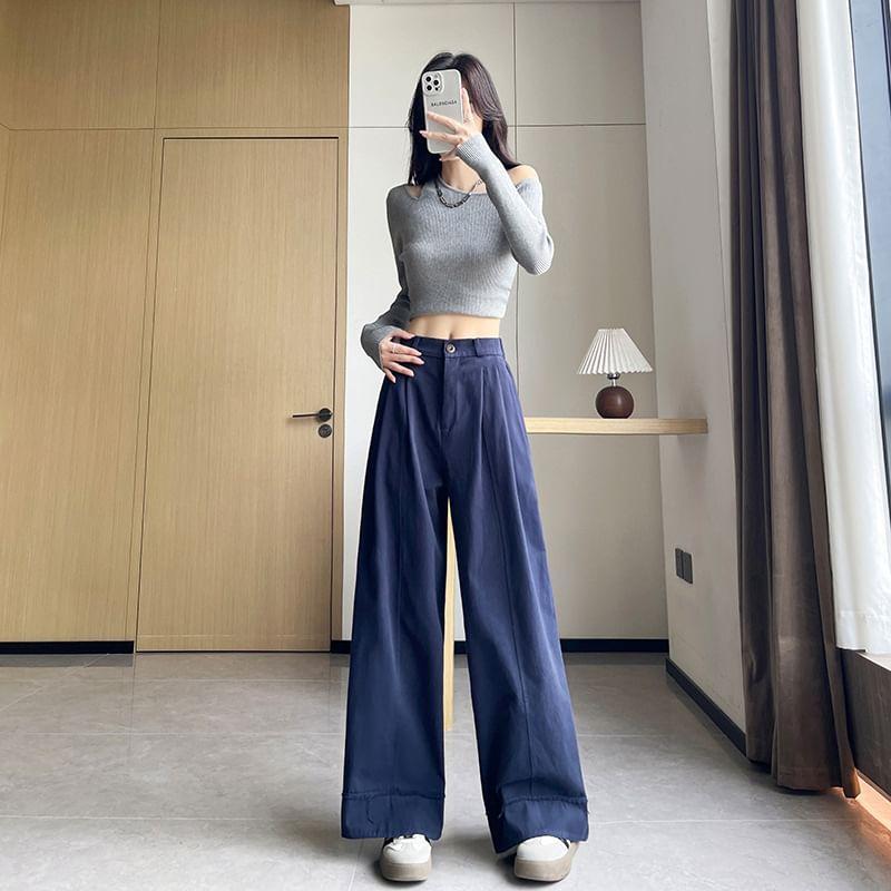 High Rise Plain Wide Leg Pants Product Image