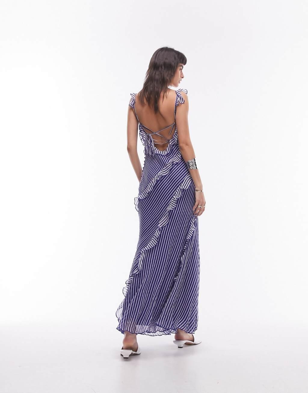 Topshop premium ruffle maxi dress in blue and ivory stripe Product Image