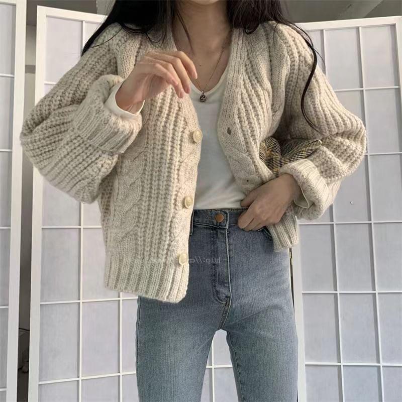 V-Neck Plain Cable Knit Button-Up Crop Cardigan Product Image