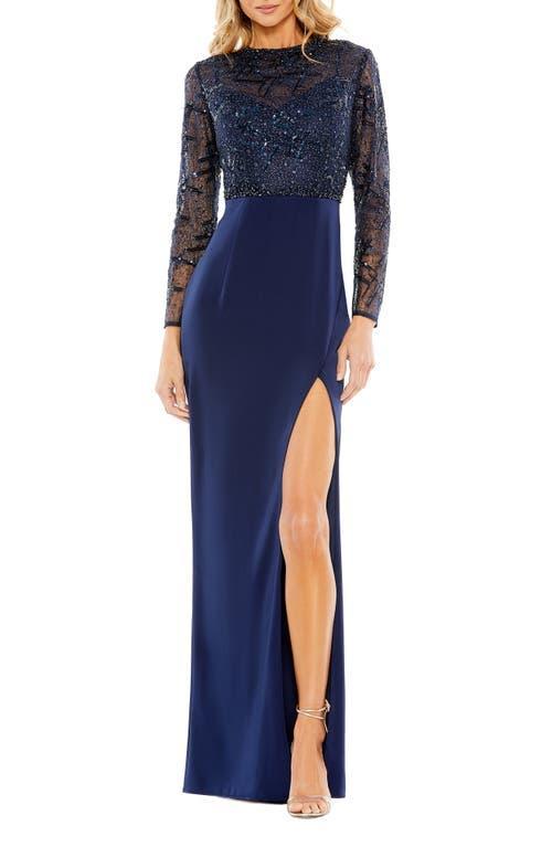 Mac Duggal Beaded Mix Media Long Sleeve Column Gown Product Image