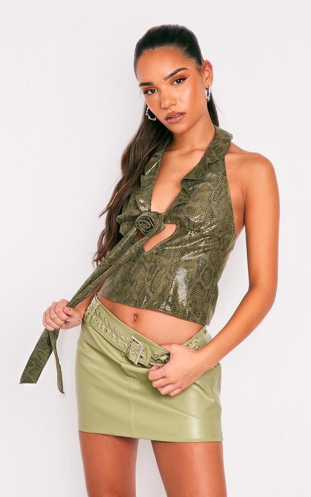 Khaki Snake suede PU Floral Applique Detail Halter Longline Top Product Image