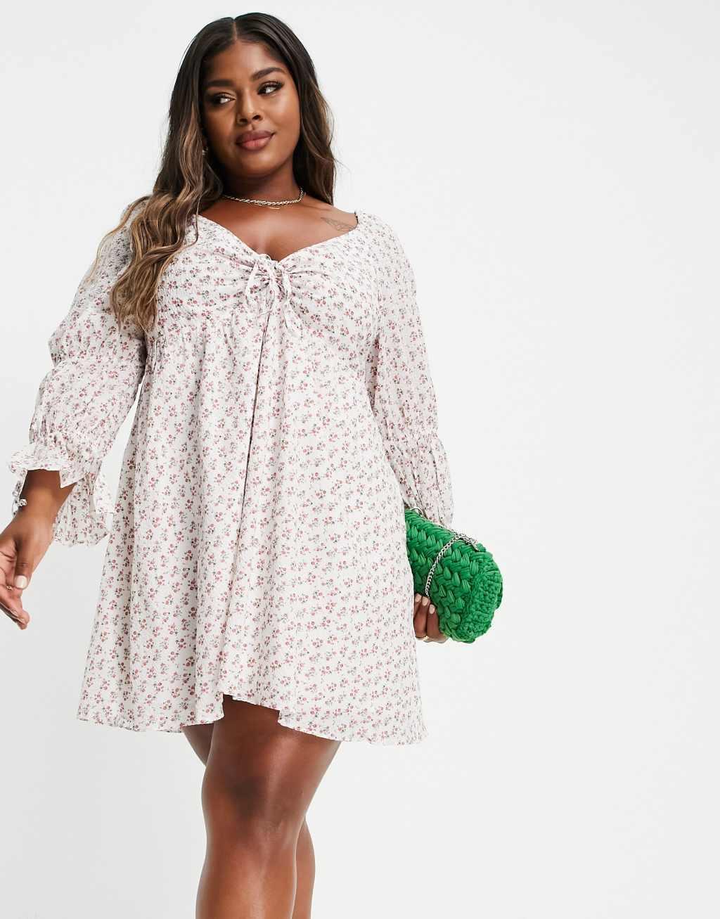 Ever New Curve sweetheart tiered romantic sleeve mini dress in ditsy floral Product Image