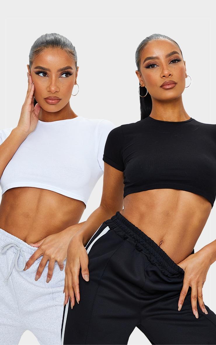 Basic Black & White Cotton Blend Roll Sleeve Crop T Shirt 2 Pack product image