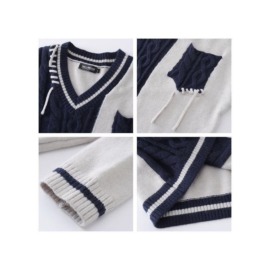 Couple Matching V-Neck Two Tone Cable Knit Sweater Product Image