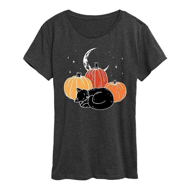 Womens Black Cat Pumpkin Nap Halloween Tee, Girls Grey Gray Product Image