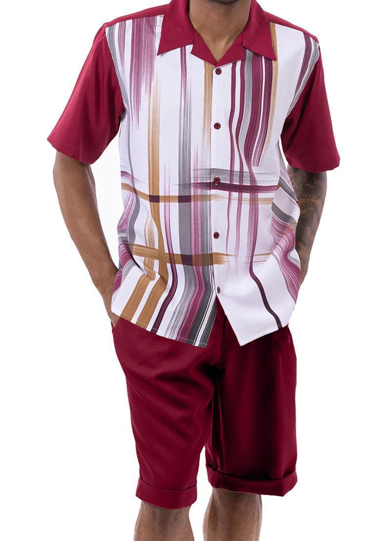 Burgundy Gradient Color Stripe Design Walking Suit 2 Piece Short Sleeve Set with Shorts Product Image