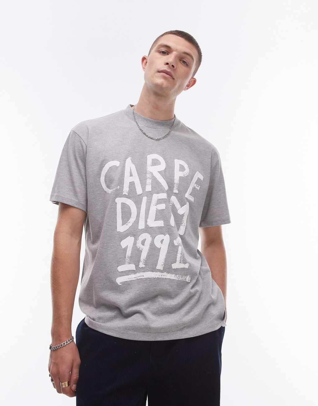 Topman oversized fit T-shirt with Carpe Diem print in gray heather Product Image