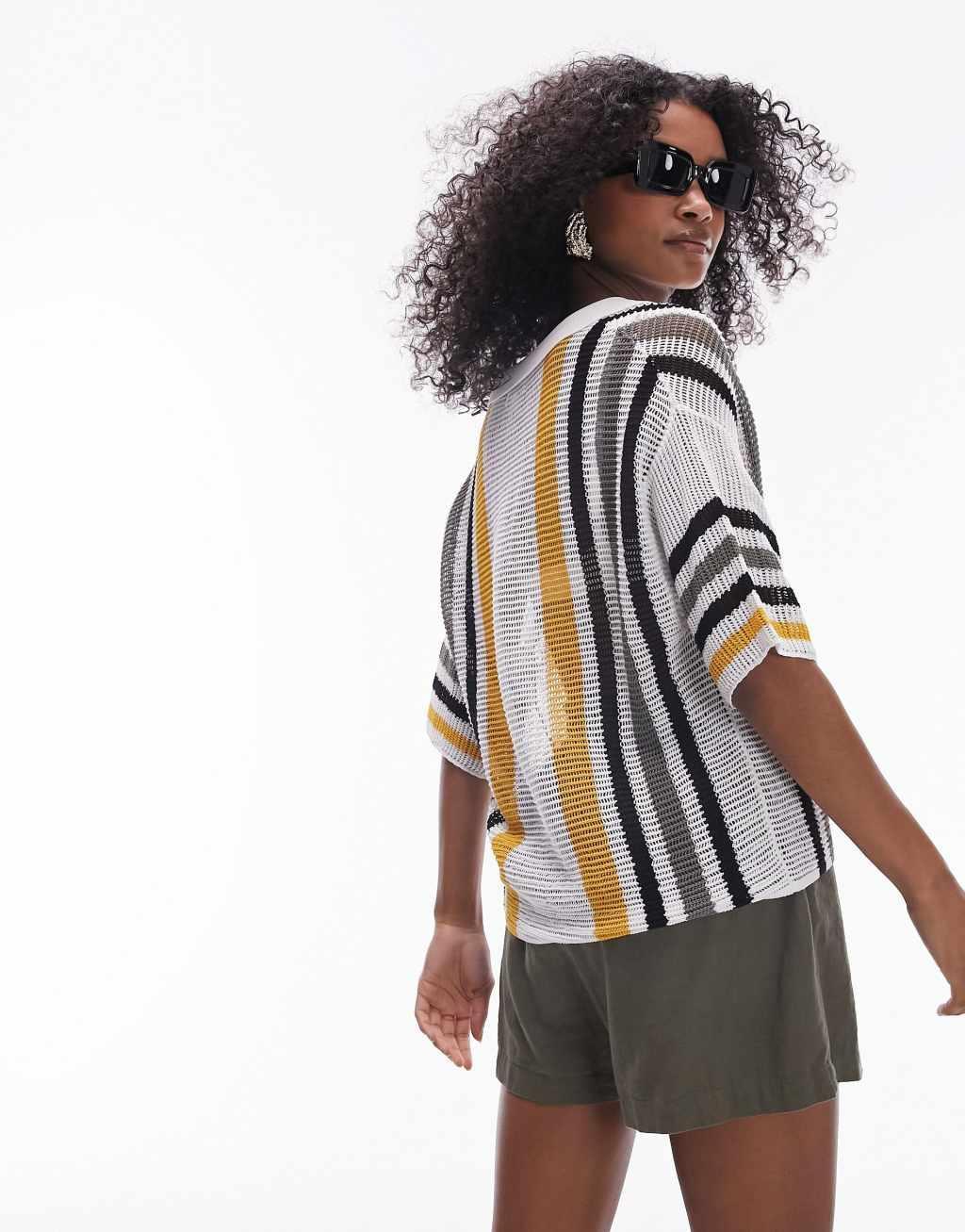 Topshop knitted open stitch stripe polo shirt in multi Product Image