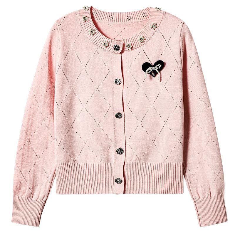 Round Neck Heart Applique Beaded Cardigan Product Image