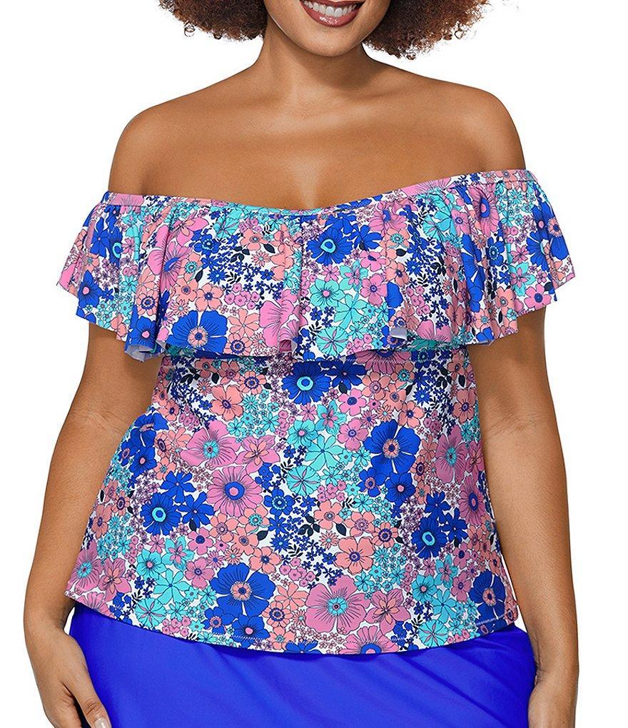 Raisins Curve Plus Size Tropicana Garden Tortuga Floral Off-The-Shoulder Tankini Swim Top Product Image