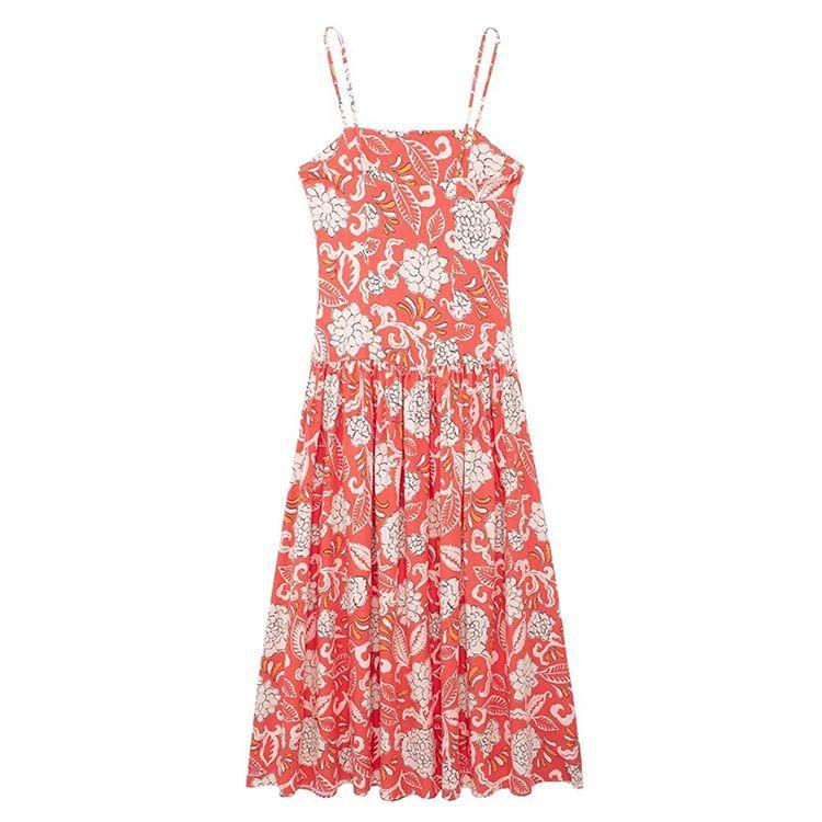 Spaghetti Strap Floral Print Maxi A-Line Dress Product Image