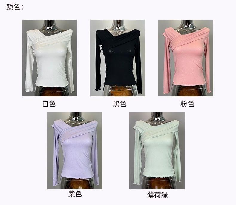 Long-Sleeve Off-Shoulder Plain Asymmetrical Tee Product Image