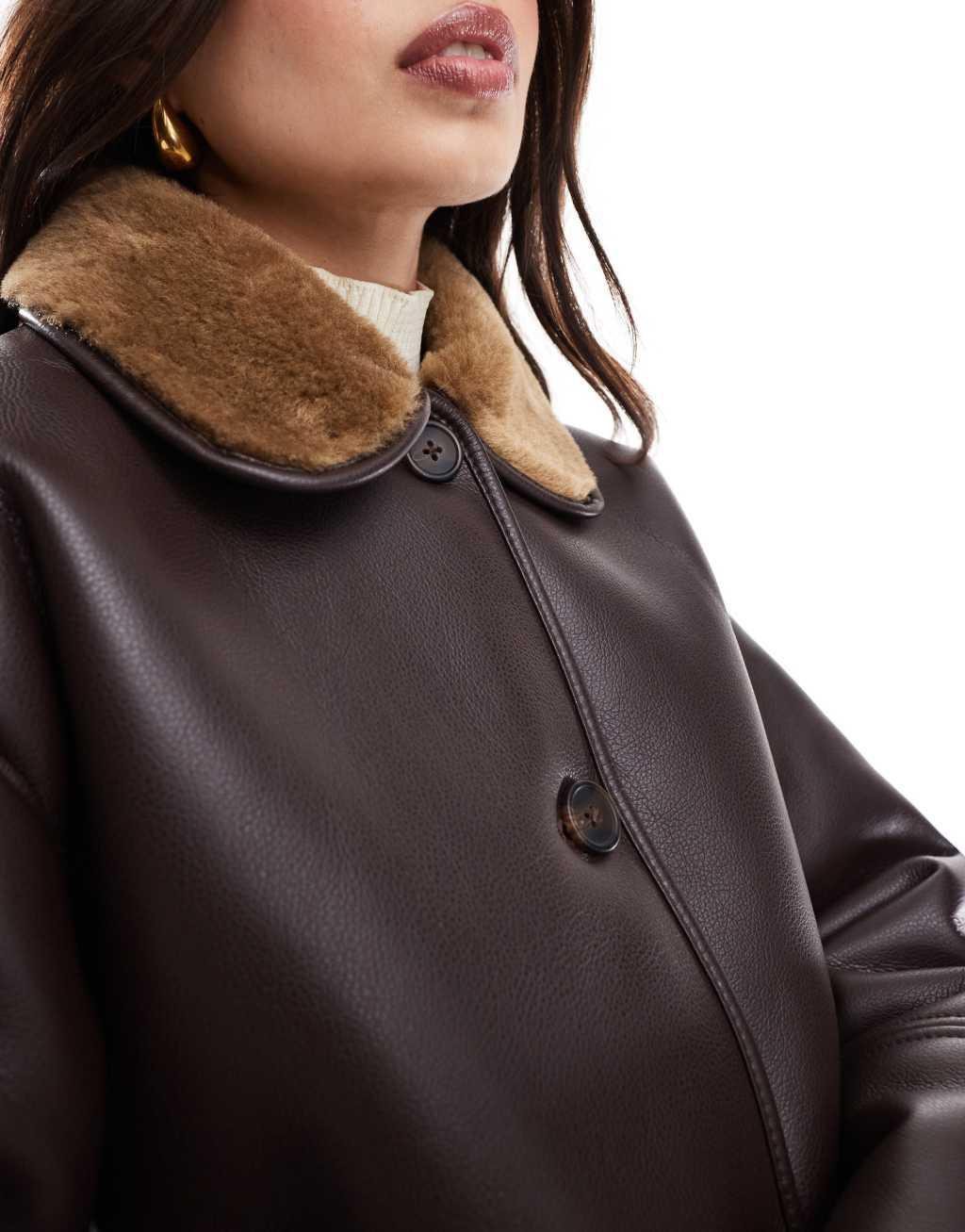 Pull&Bear faux leather coat with contrast shearling collar in dark brown Product Image