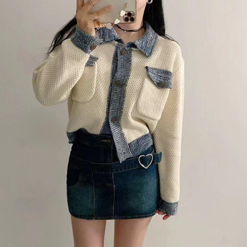 Lapel Collar Two Tone Crop Button Cardigan Product Image