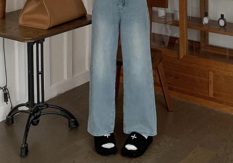 High Waist Fleece-Lined Washed Wide Leg Jeans Product Image