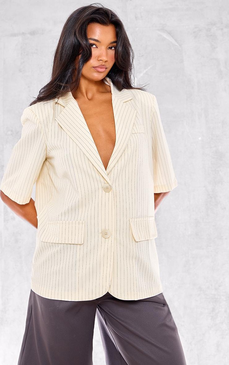 Off White Striped Short Sleeve Oversized Blazer Product Image