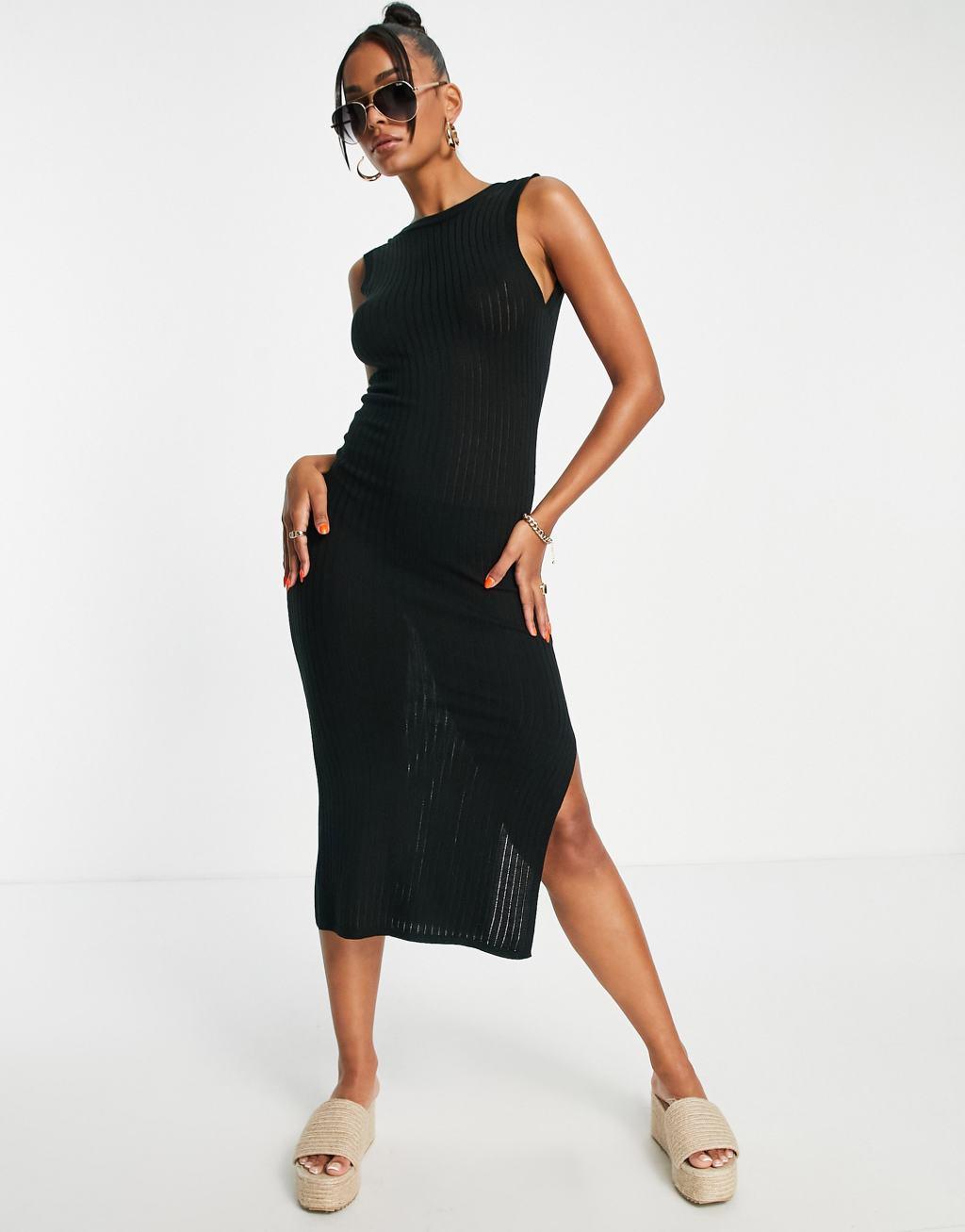 ASOS DESIGN midi dress in open stitch with low back detail in black Product Image