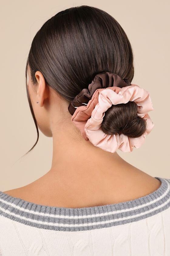 Pink and Brown Recycled Quilted Three-Piece Scrunchie Set Product Image