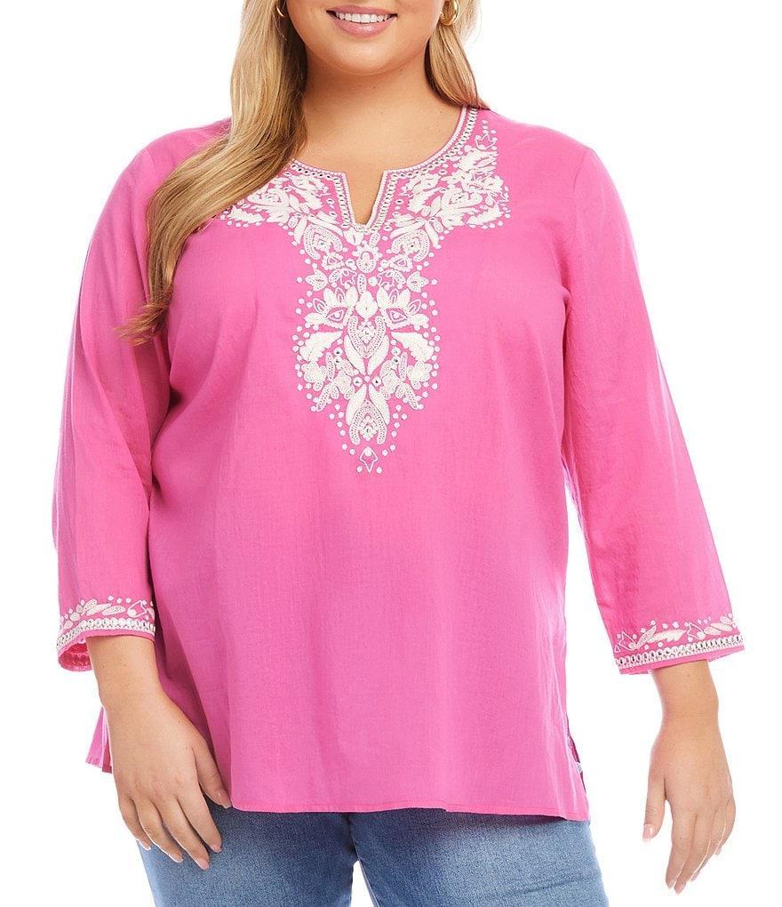 Karen Kane Plus Size Floral Embroidered Split Scoop Neck 3/4 Sleeve Tunic Product Image