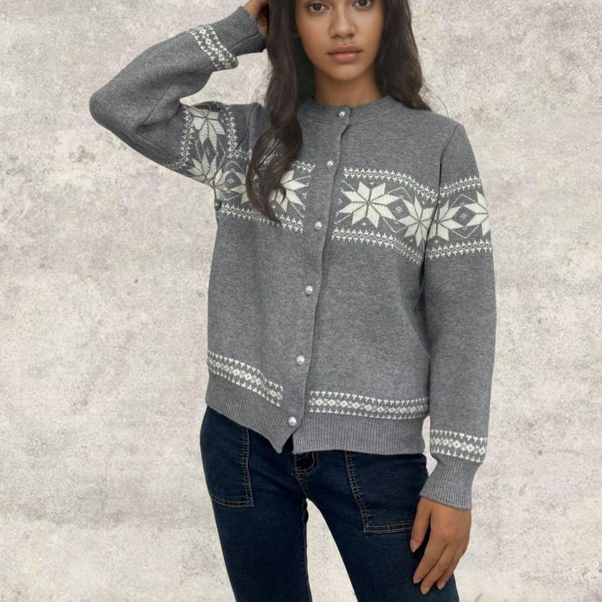 Crew Neck Snowflake Patterned Cardigan Product Image