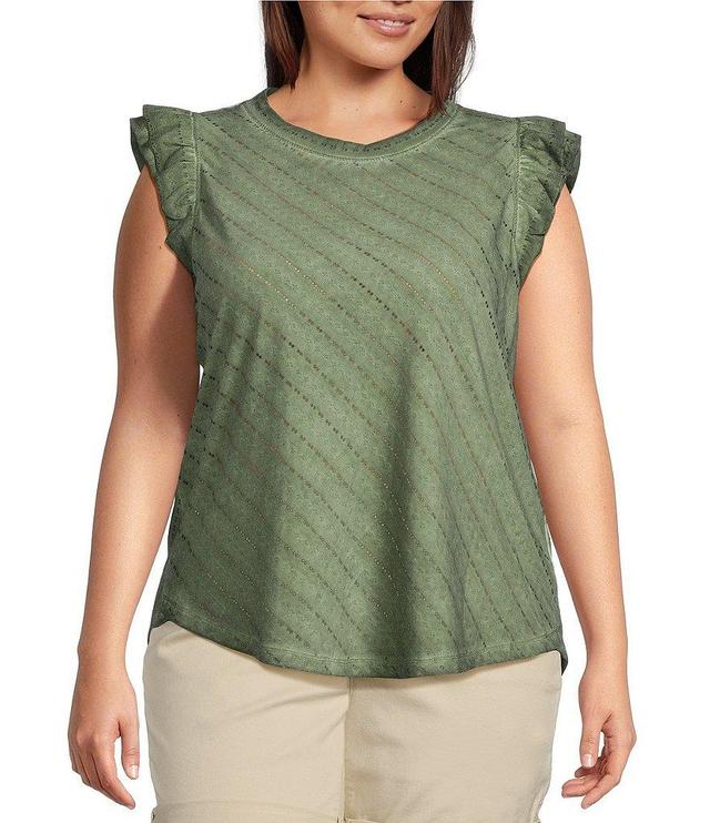 Democracy Plus Size Mineral Wash Knit Round Neck Double Ruffle Cap Sleeve Top Product Image