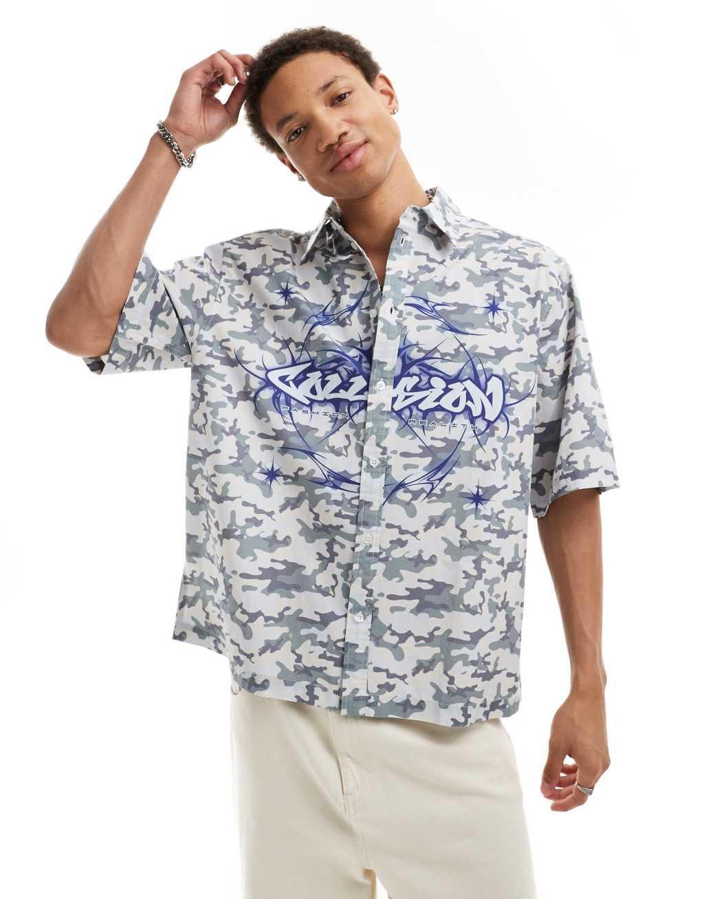 COLLUSION boxy skater shirt in washed blue camo print Product Image