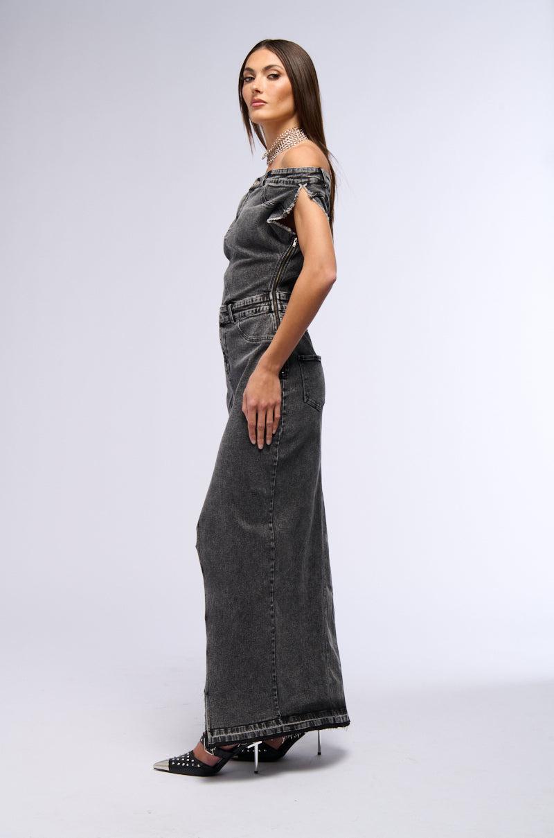 DERRIA OFF THE SHOULDER DENIM MAXI DRESS Product Image