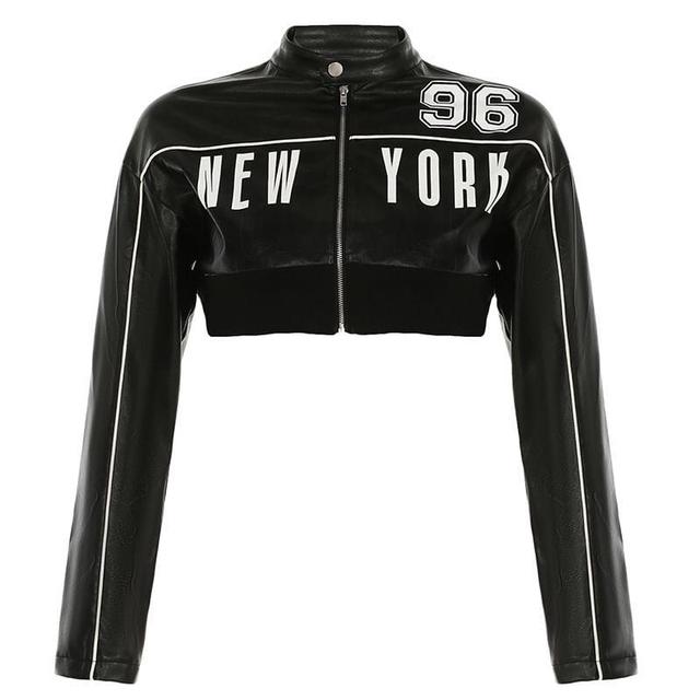 Stand Collar Lettering Faux Leather Crop Zip Jacket Product Image